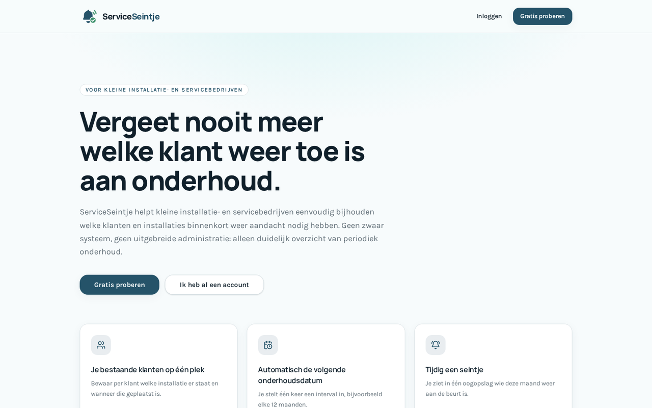 Schermafbeelding van de live website van ServiceSeintje